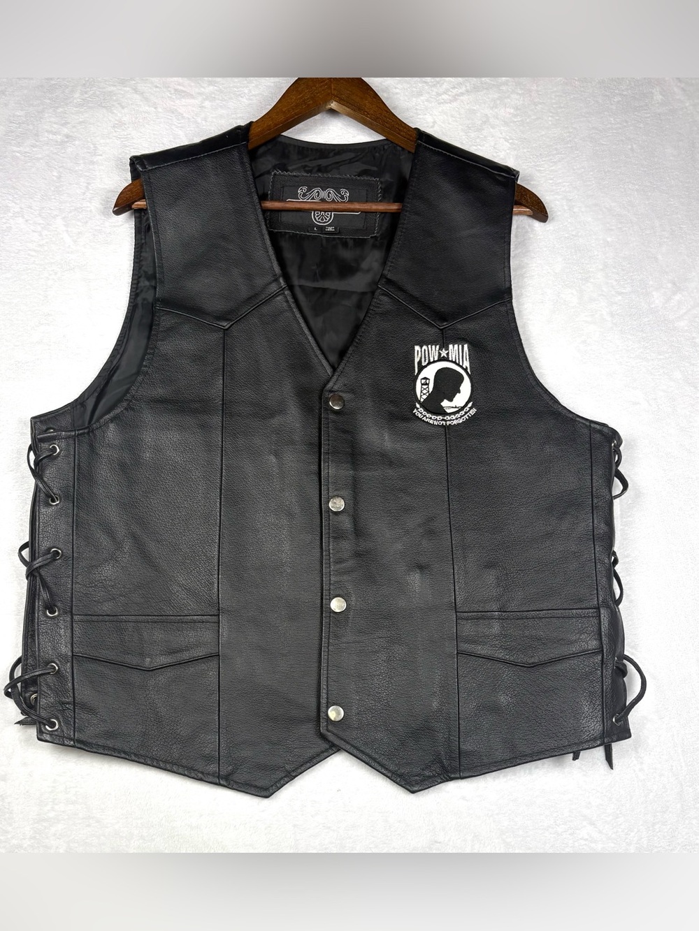 Vintage Black POW•MIA Leather Biker Vest with Side Lacing